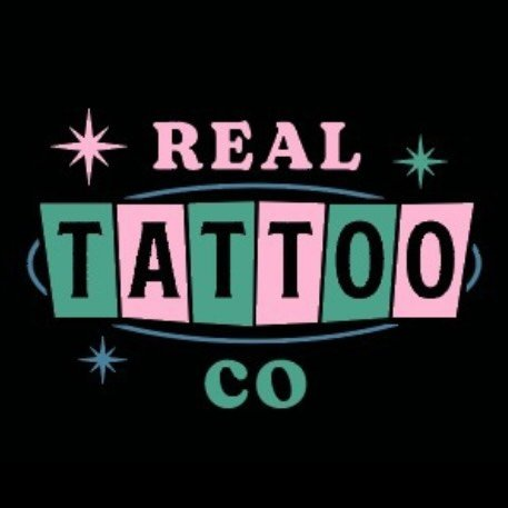 Real Tattoo Co — retro pink and teal tile logo, Kissimmee Florida
